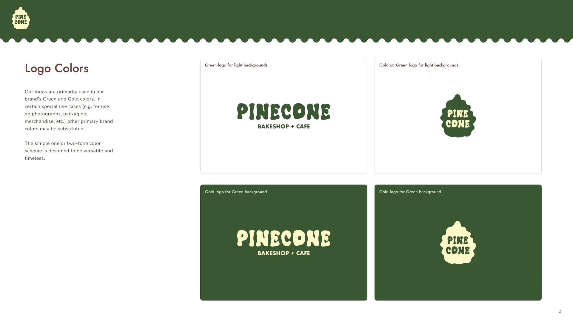 Brand guidelines page showing the Pinecone logo in its green and gold color pairings.