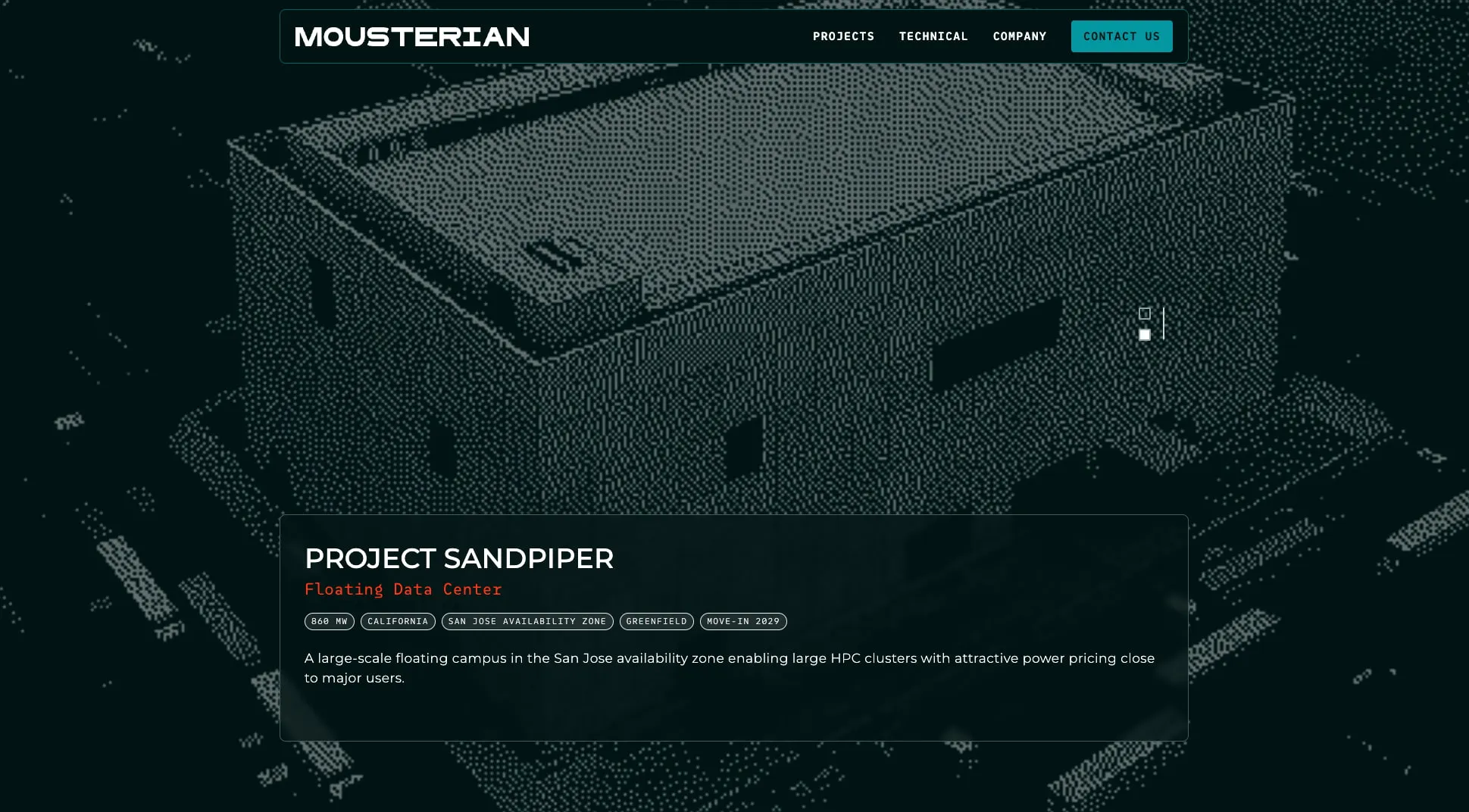 A Mousterian project page for Sandpiper, a floating data center, over a dithered render.