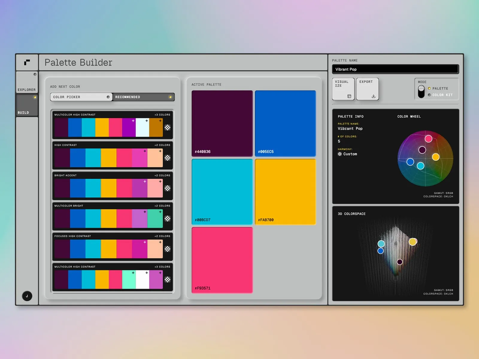 Palette Builder, with recommended palette shapes beside the active five-color palette.