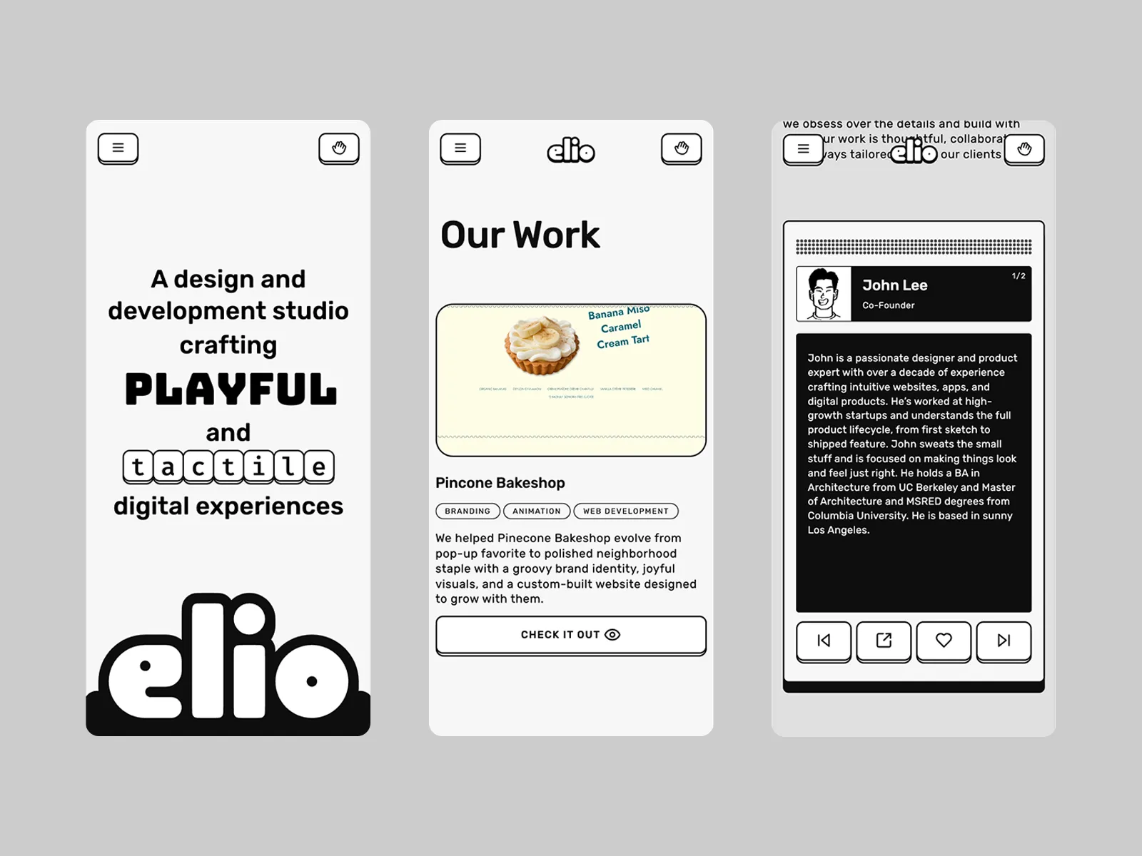 Three mobile screens from the Elio site, from the homepage to the founder bio.