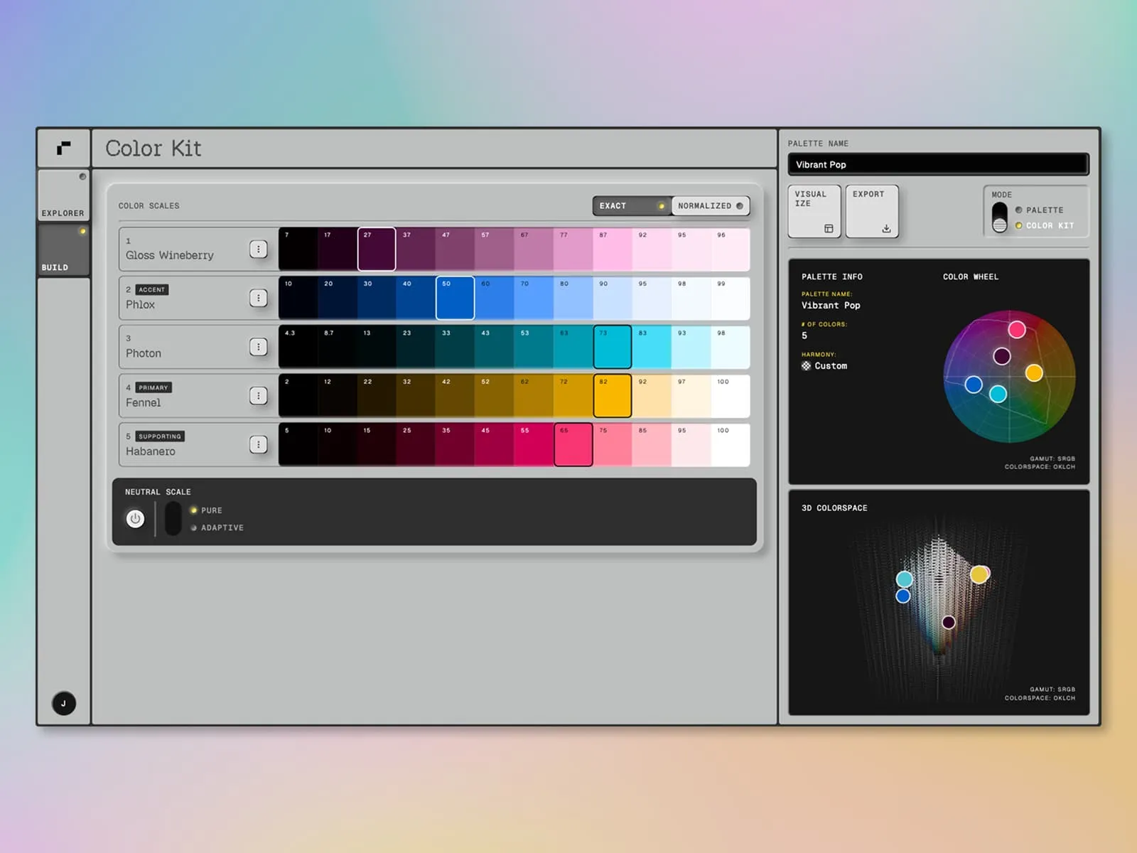 Color Kit, showing the generated lightness scale for each color in the palette.