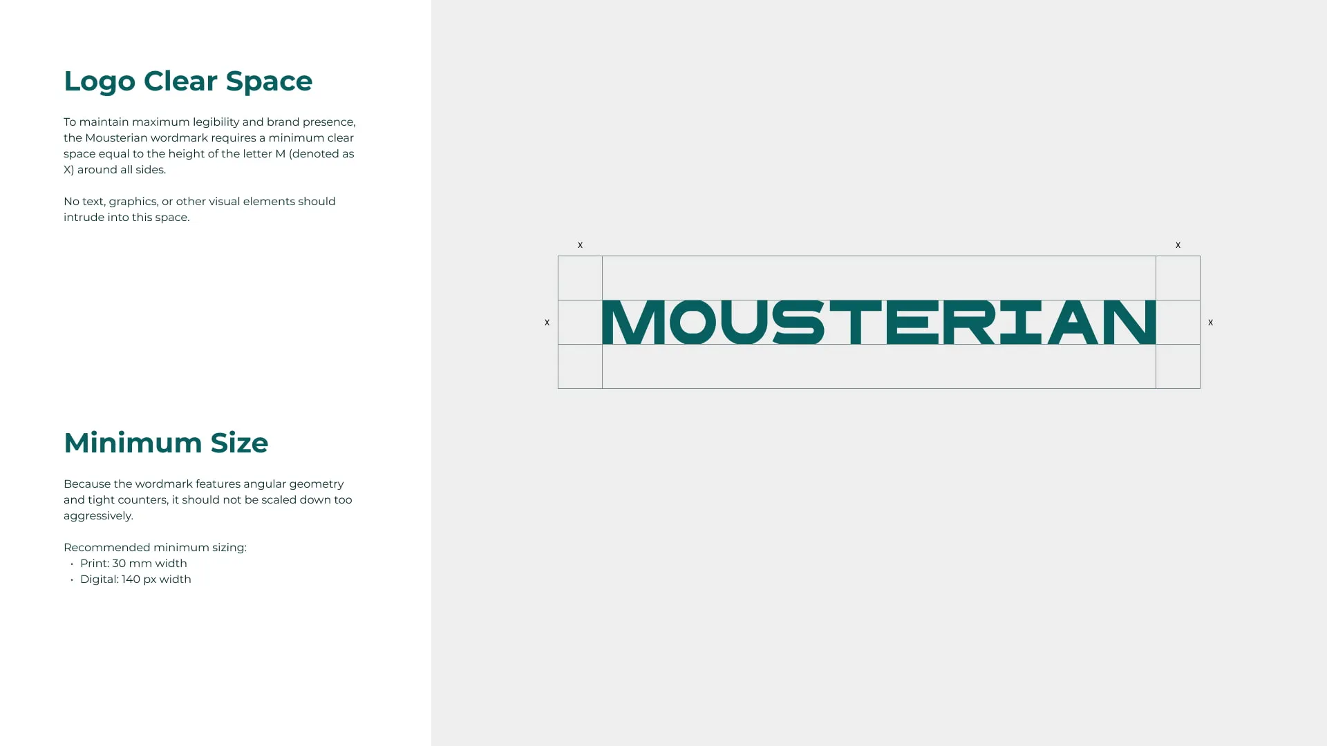 Brand guidelines page specifying the wordmark's clear space and minimum sizes.