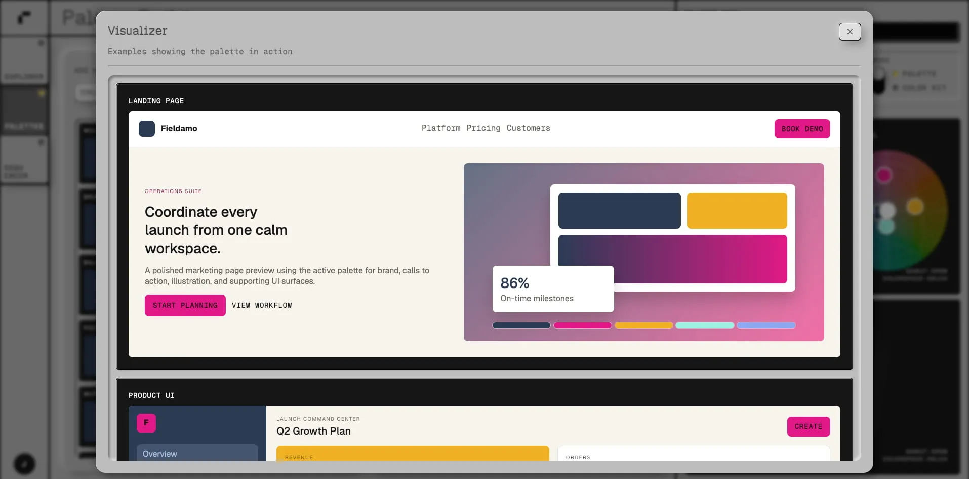The Visualizer, previewing a palette across a landing page and a product UI.