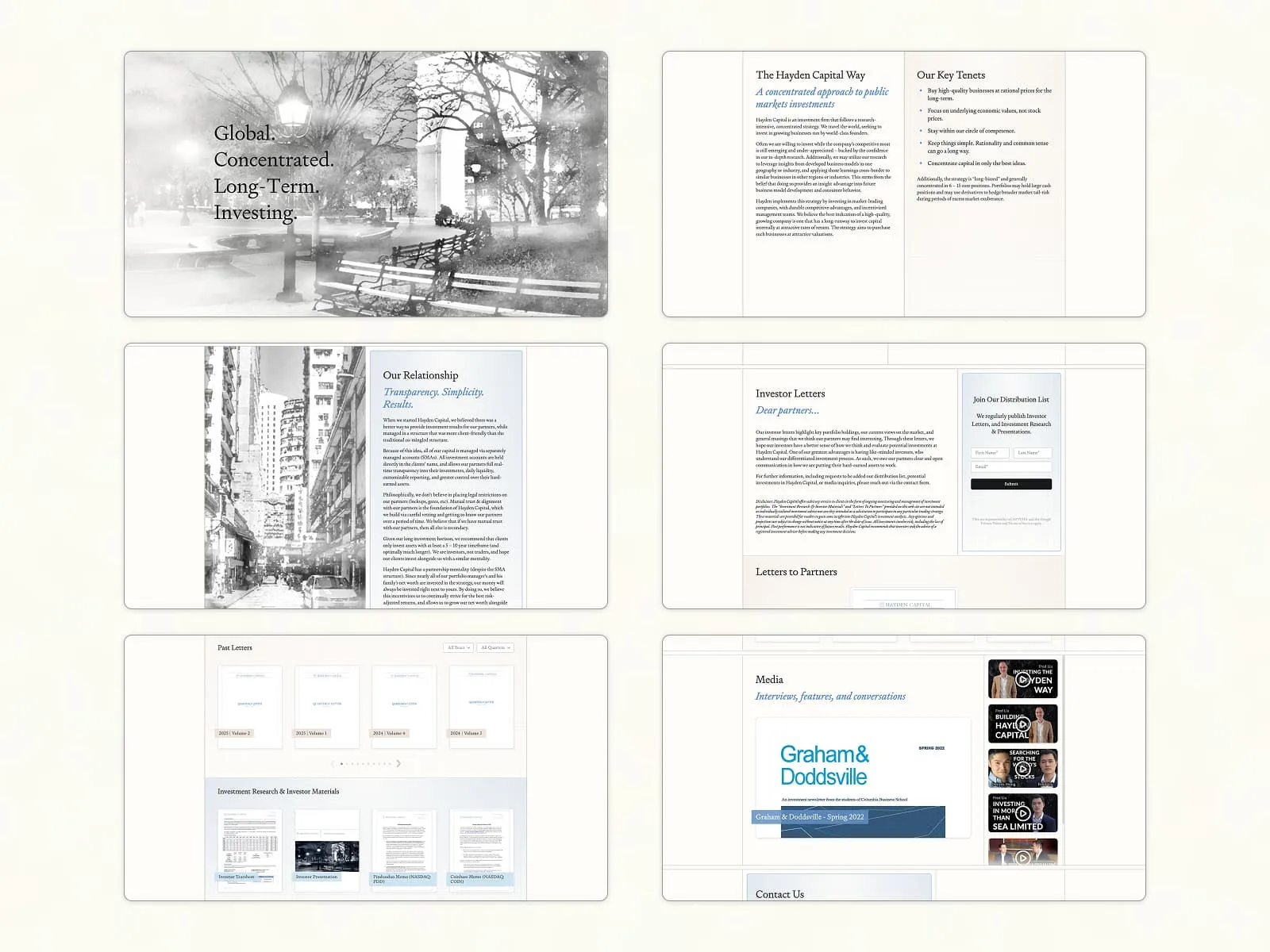 A grid of page designs from across the site, from the hero to the investor letter library.