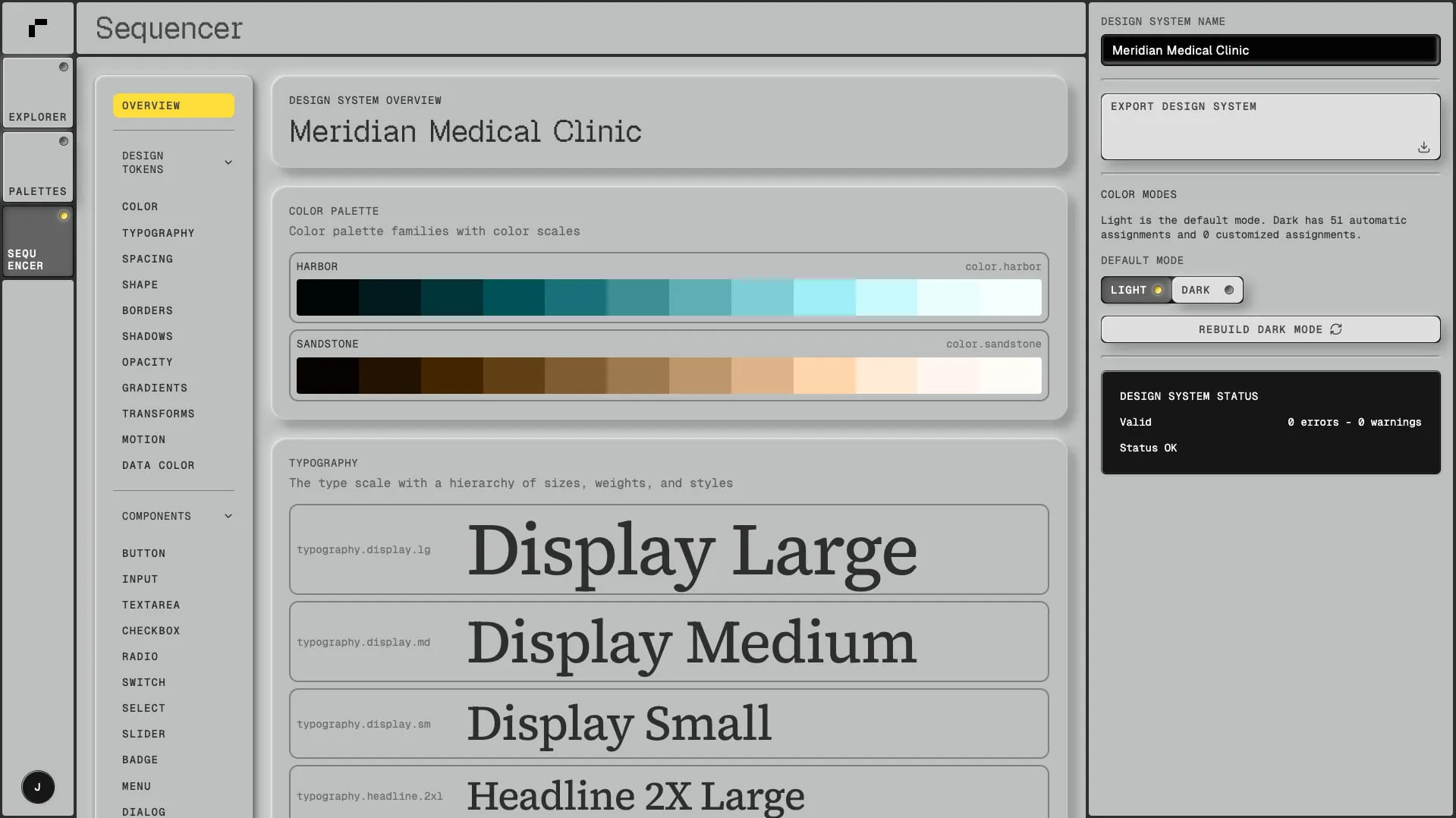 Sequencer's design system overview, with color palette families and the type scale.